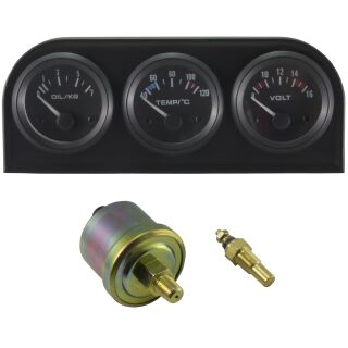 Instrumentenhalter 52mm 3-Fach mit Instrumenten -  Öldruck, Kühlmitteltemp., Spannung